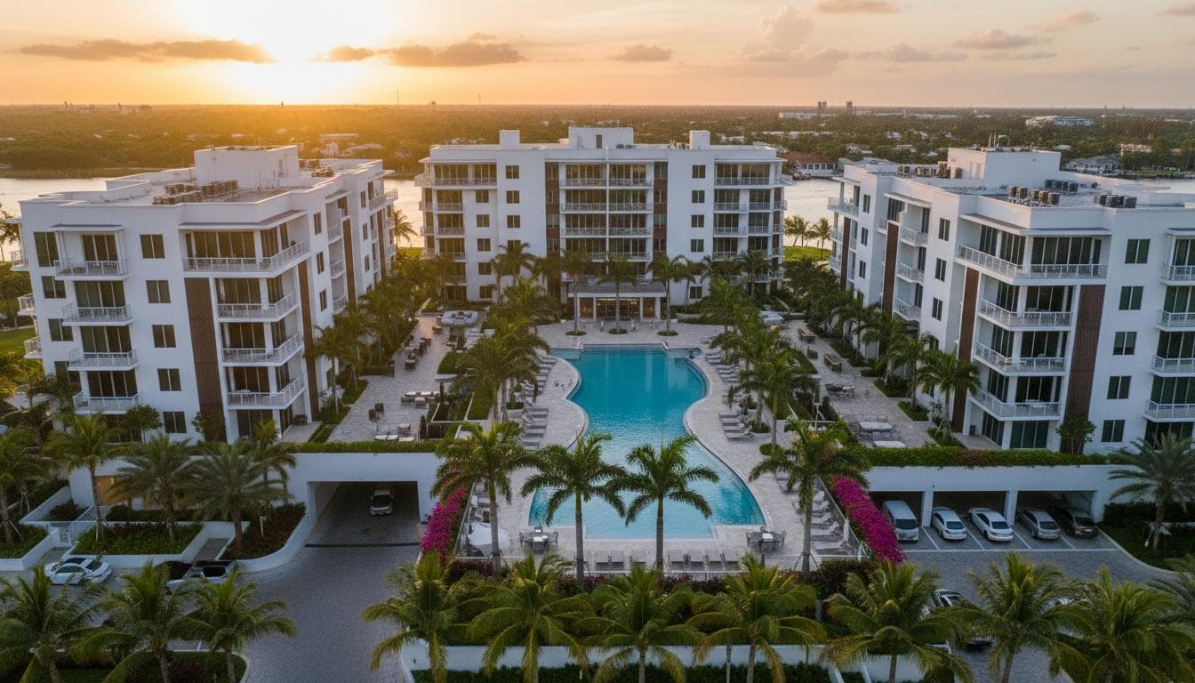 Aerial view of a resort-style residential pool deck at sunset